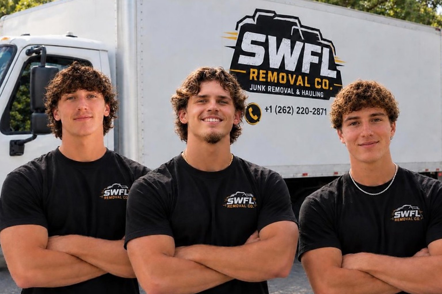 The SWFL Removal Co. team in company shirts, left to right: Leo Cantwell, Erl Berg and Matt Misek